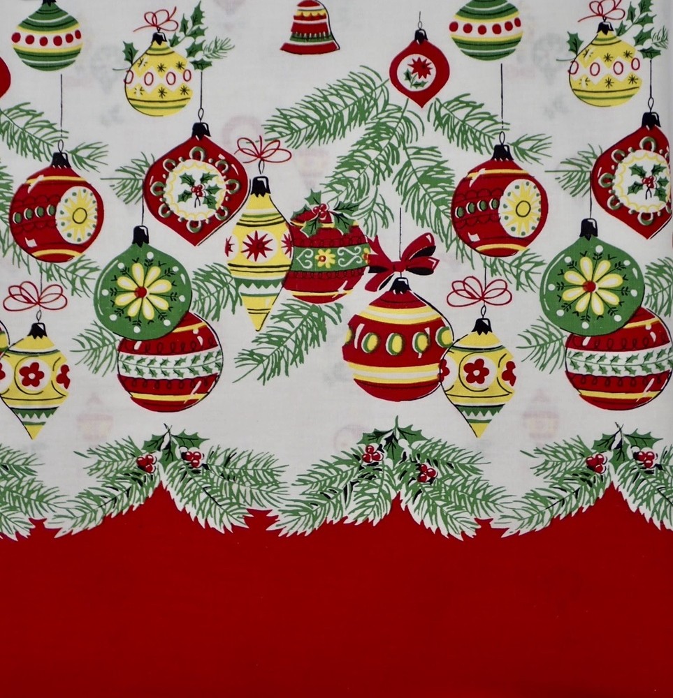 VTG `50`s Christmas Ornament Red Border Print on White 36″x17″