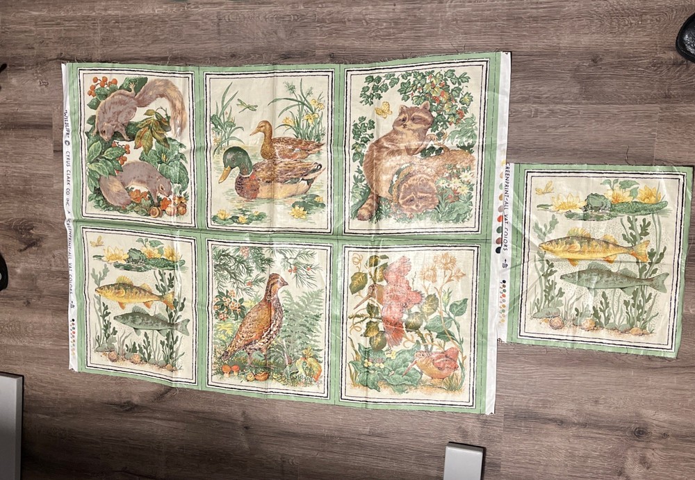 Cyrus Clark Wildlife Vtg Fabric Chintz 7 Panels Animal Frog Raccoon Fish 26.5×38