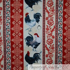 BonEful FABRIC FQ Cotton Quilt Red Tan Chicken Rooster Farm Stripe Flower Damask