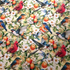 Good Fortune Birds Orange Blossoms Multi Cotton Fabric 44″ By The Yard