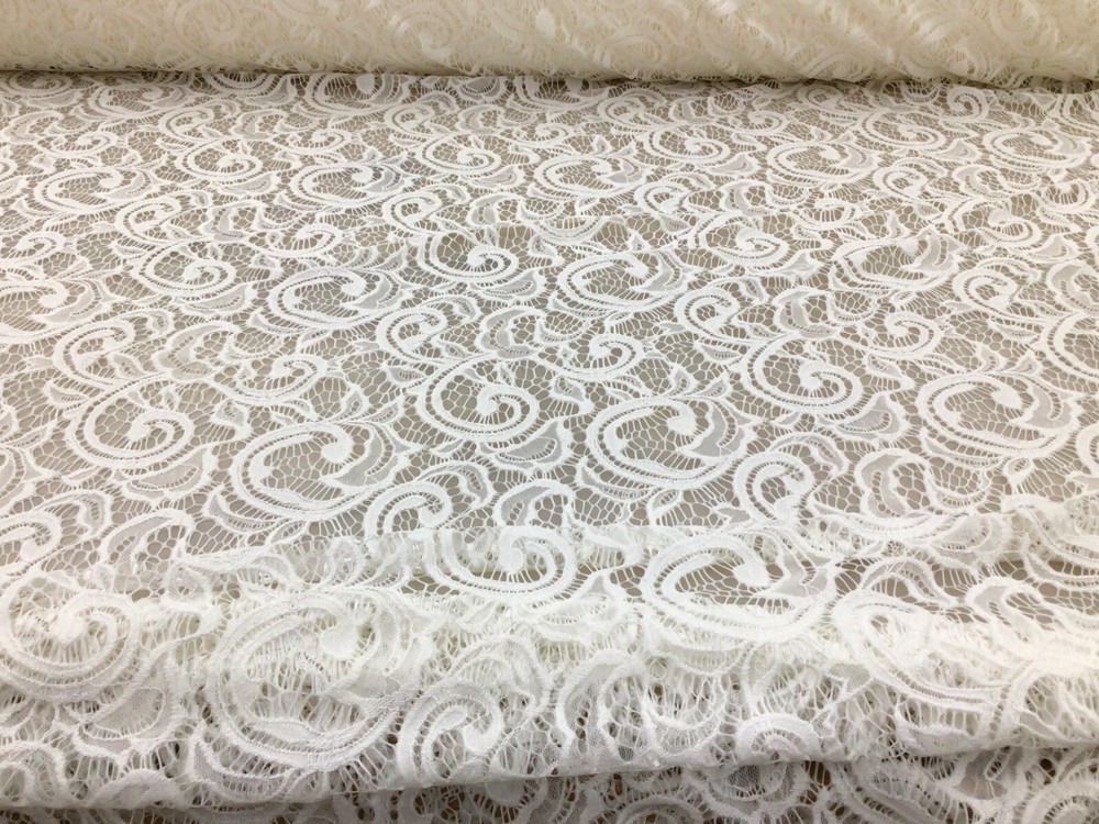Embroidered Stretch Lace Apparel Fabric Sheer Scrolling Floral Pearl White HH211