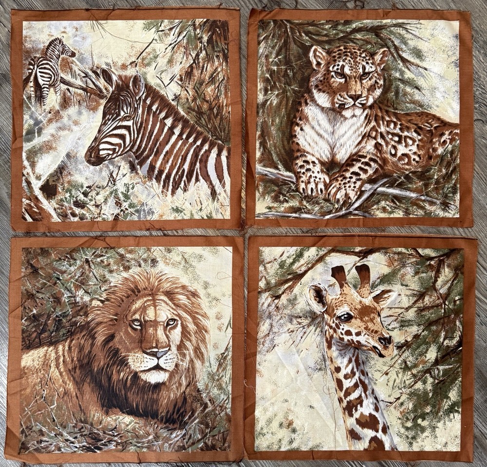 Lot of 4 Squares ~ Safari Animals Quilt 12”x12” Block Quality 100% Cotton Fabric
