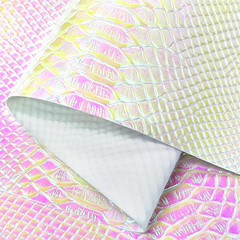 30X135Cm Holographic Crocodile Skin Vinyl, Iridescent White Alligator Faux