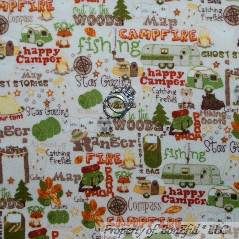BonEful Fabric FQ Cotton Quilt Cream Camp Fire Log Cabin RV Girl Boy Scout Small