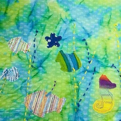 Fabric Tie Dye Appliquéd Sea Life Fish Blue Green Cotton India Approx 3.5 Yd