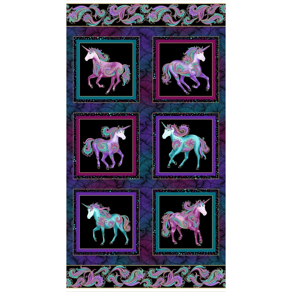 SALE! 23 x 42. panel colorful unicorns in 6 squares Benartex D386.05 metallic