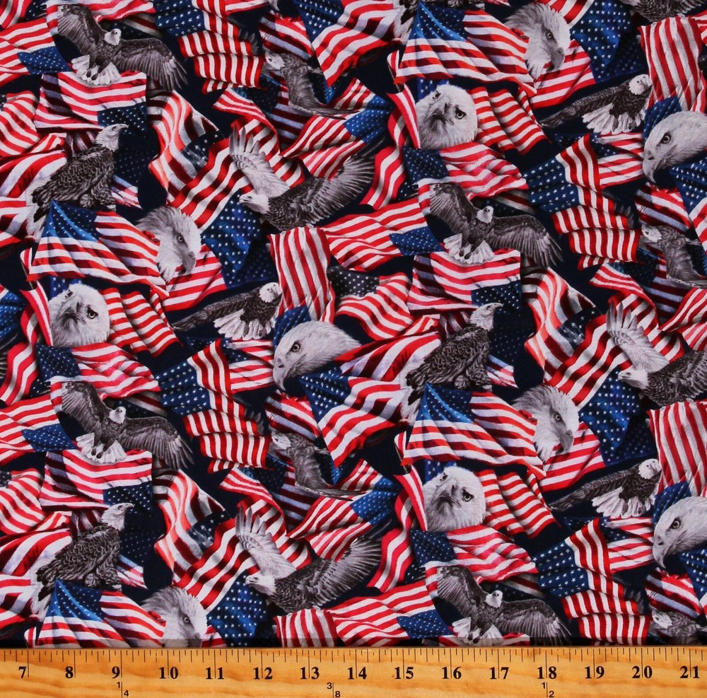 Cotton Eagles American Flags USA Patriotic Red Blue Fabric Print by Yard D305.58