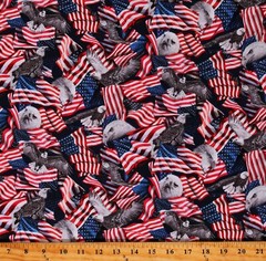 Cotton Eagles American Flags USA Patriotic Red Blue Fabric Print by Yard D305.58
