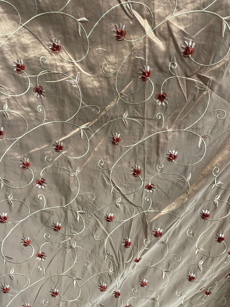 Taffeta Embroidered rose floral Taupe 100% Poly Faux Silk Like Fabric 118″ Wide,