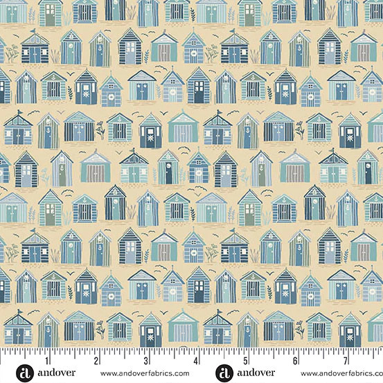 ANDOVER – Driftwood by Makower UK – Beach Huts – Mid Cream ,1/4 yard