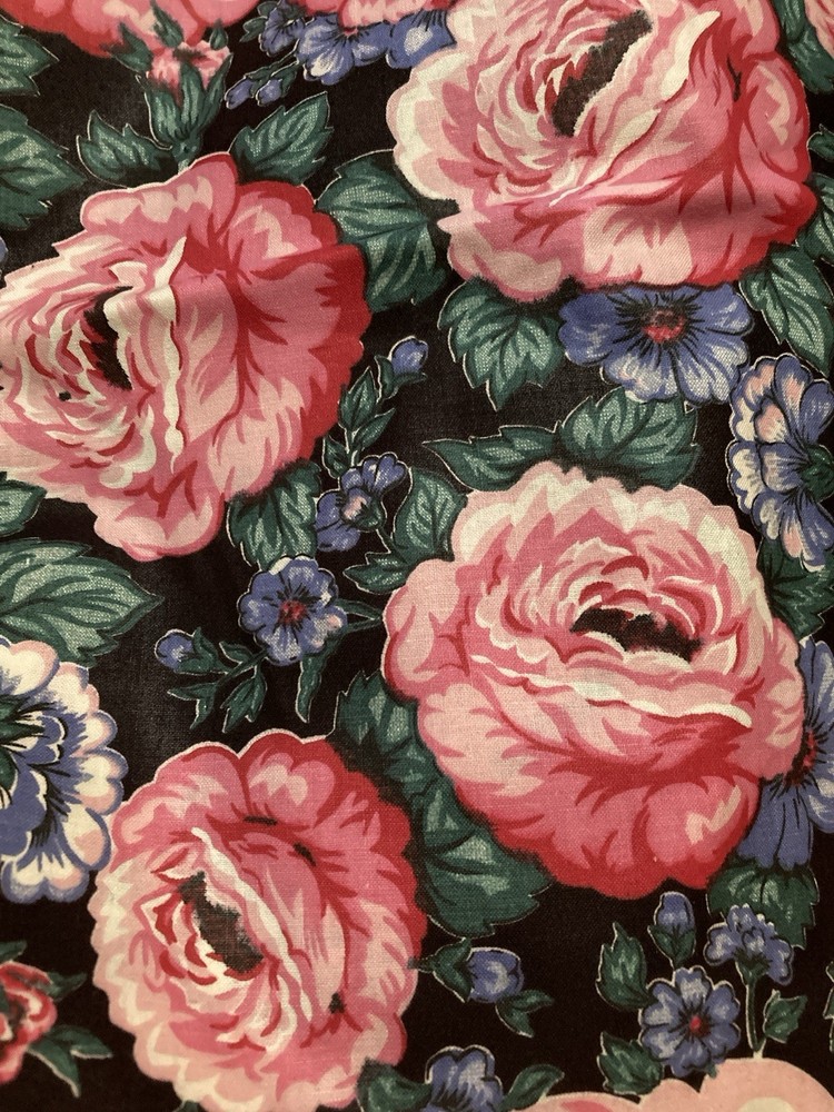Cotton Chintz Fabric Large Pink Roses Blue Flowers on Black 1 Yard x 44″ Width