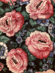 Cotton Chintz Fabric Large Pink Roses Blue Flowers on Black 1 Yard x 44″ Width