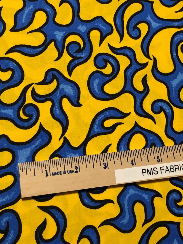 MDG On Fire 100% cotton fabric by the yard like Motorcycle flames Yellow & Blue