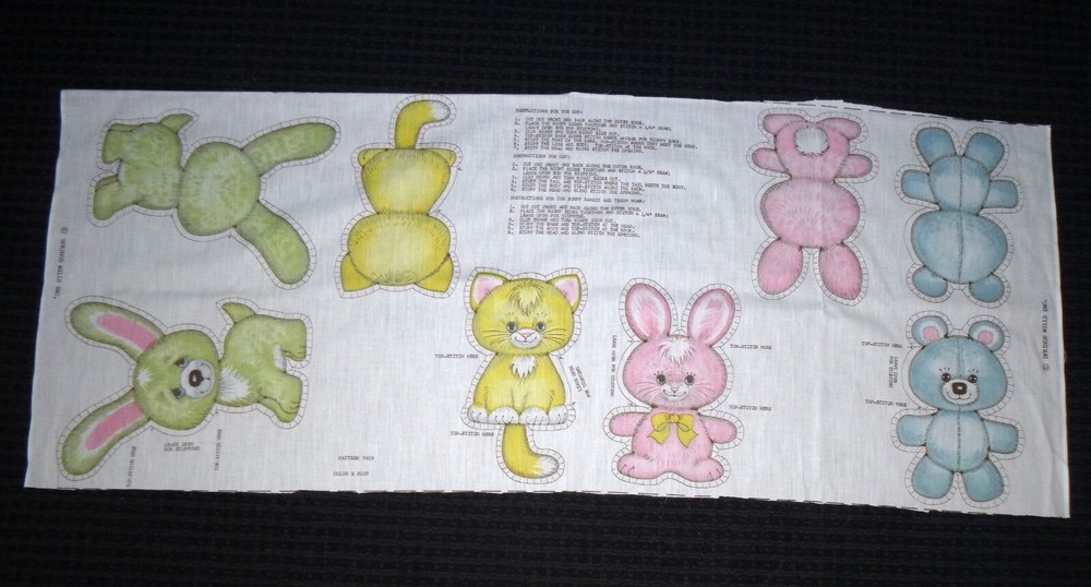 Vtg Spring Mills Cut & Sew Fabric Panel Pillow Animals Pastel Cat Dog Bear Bunny