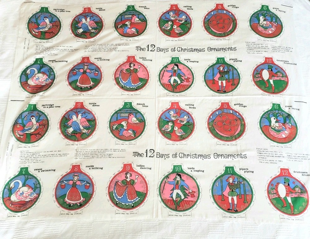 Vintage Manes 12 Days of Christmas Ornament Cut & Sew Panel Cotton 1 Yd Uncut