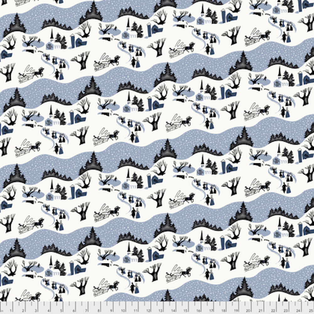 Free Spirit Mid-Century Christmas Winter Village Blue Cotton Fabric By Yd