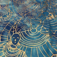 Cotton Quilting Fabric Tribal Print Batik Blue Goddess Gold Outline 3.3 Yd