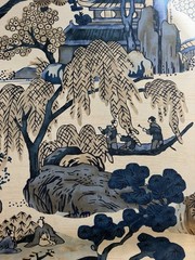 Thibaut F975461 Asian Scenic Blue and Beige Fabric 4 Yards