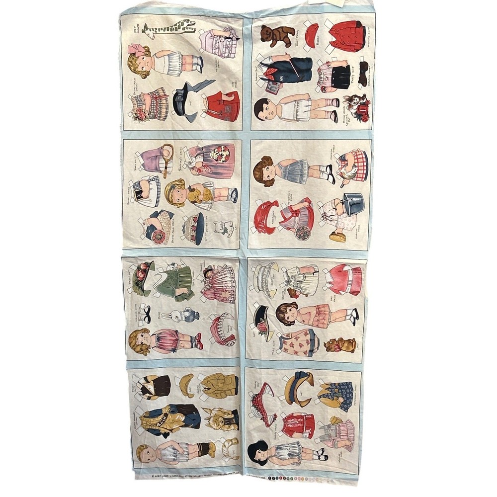 Vintage Aunt Lindy Paper Dolls Fabric Panel Sibling Arts Studio Blue Hill Retro