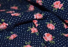 Vintage Plisse Fabric Navy Blue Pink Rose Polka Dot Textured Cotton 39″ Wide