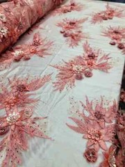 “Coral 3D Floral Embroidered Lace Fabric with Rhinestones and Beads – Sold by th