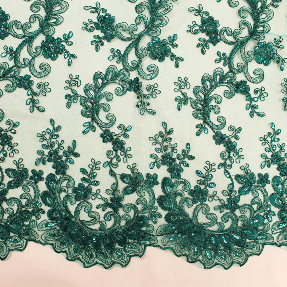 Melody HUNTER GREEN Polyester Floral Embroidery with Sequins on Mesh Lace Fabri
