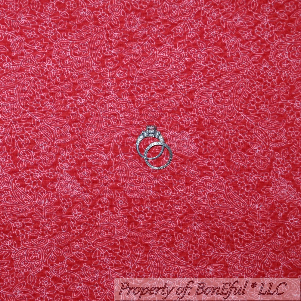 BonEful Fabric Cotton Quilt Red White Maroon American Paisley Flower SALE SCRAP