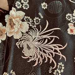 VTG Chinese Floral Brocade Fabric Black Background Shou Symbol Chrysanthemum 2yd