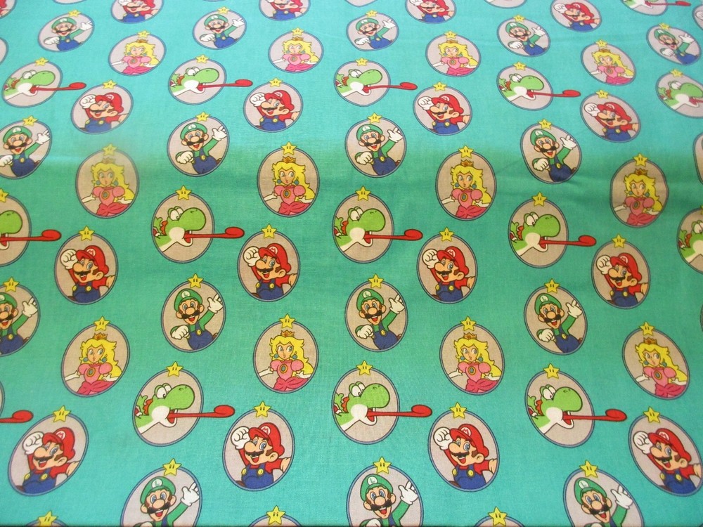 Super Mario Badge Green Cotton Fabric 1 Fat Quarter Nintendo Luigi Princess