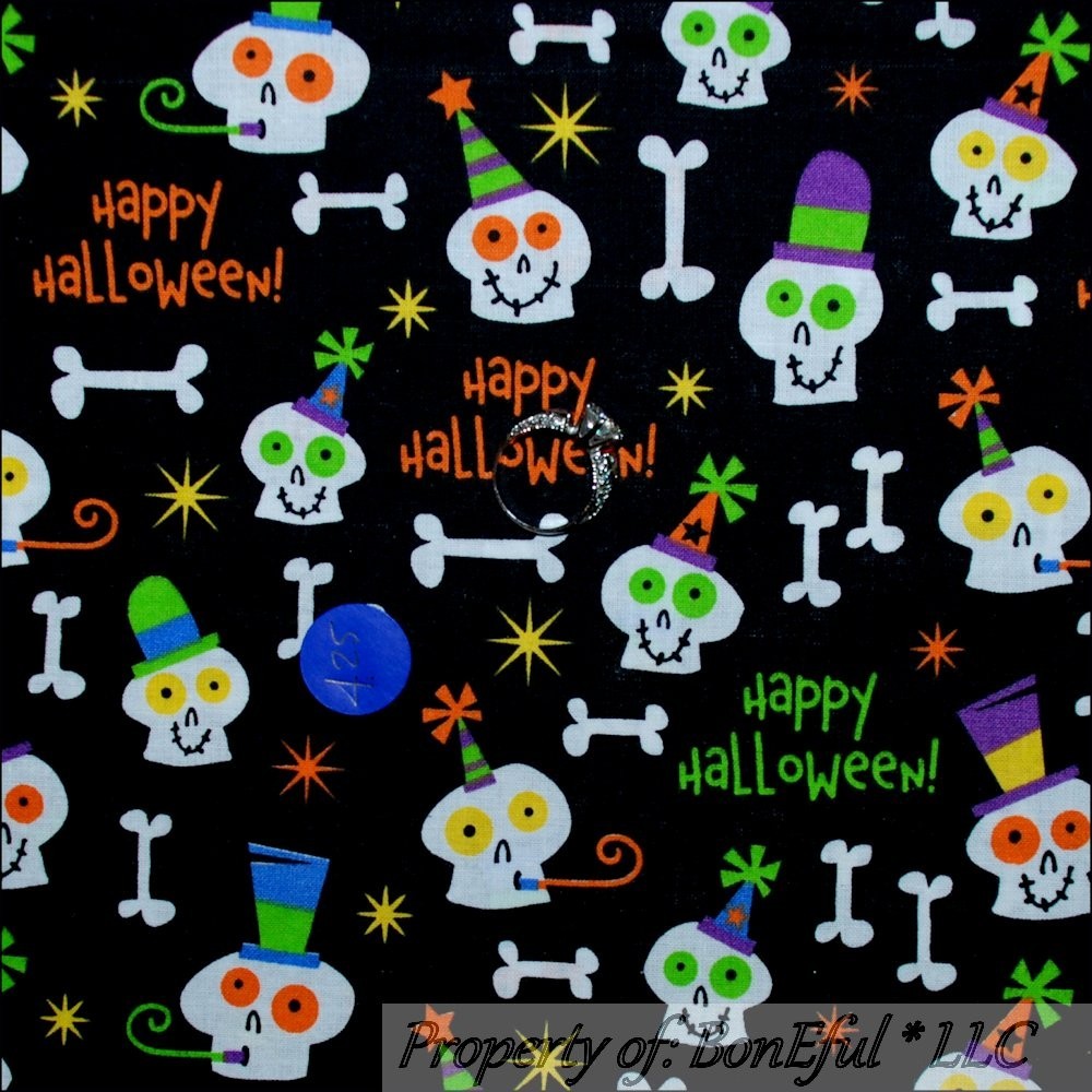 BonEful Fabric FQ Cotton Quilt B&W Black White Star US Halloween Skull Head Bone