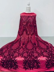 Francesca DARK PINK Vines and Diamonds Pattern Sequins on Dark Pink Mesh Lace F