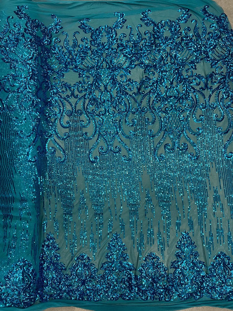 Angelica DARK TURQUOISE Curlicues and Leaves Sequins on Mesh Lace Fabric by the