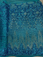 Angelica DARK TURQUOISE Curlicues and Leaves Sequins on Mesh Lace Fabric by the