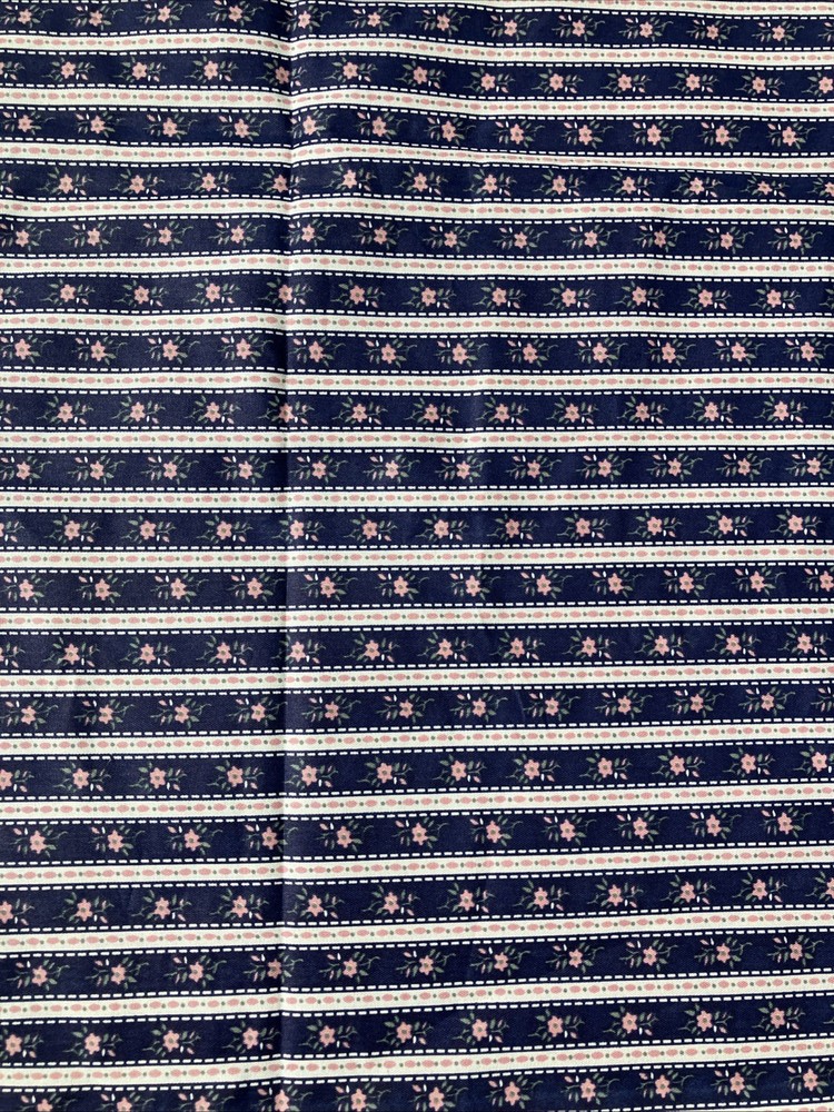 VTG Blue Ticking Stripe Fabric Petite Pink Rose 90 Fabric Traditions 1 1/3 yd +