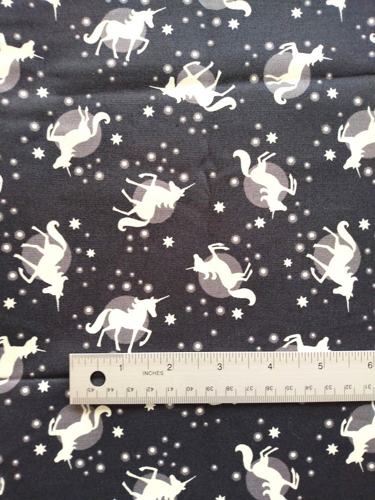 1 yard cotton fabric ~ WHITE UNICORNS on black ~ stars, moon, Lewis & Irene
