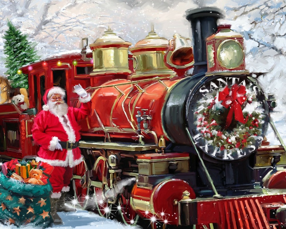 Christmas Santa Express Train Snow Toys Digital Cotton Fabric David 35″ Panel