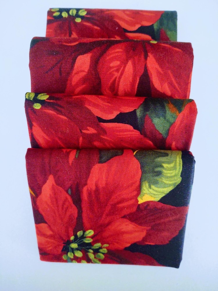 4 Pc Scarlet Poinsettia Christmas Floral Quilt Fabric, Chrismtas Fabric