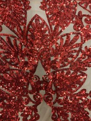 Kara RED Hearts and Flowers Sequins on NUDE Mesh Lace Fabric by the Yard – 10148