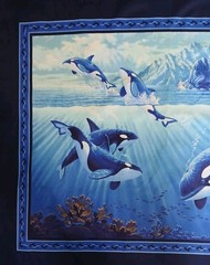 Ocean Killer Whales Cotton Fabric LARGE Panel Mammal Blue Sea Scene 44×35″