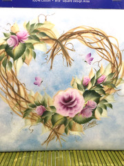 Pink Rose Wreath on Blue Sky Painted Fabric Dewberry 8-1/2″ Art to Sew Quilt Sq