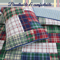 Navy Blue Green Red Plaid 100% Cotton Quilt Bedding Set, Reversible Coverlet, Be