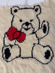 Hand-Knitted Teddy Bear Intarsia Panel – 17″ x 12.5″ Wool Craft Piece for DIY/De