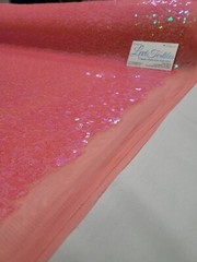 Iridescent Neon Coral Glitz Sequin Fabric / 3mm Sequin on Poly Mesh – Sold BTY