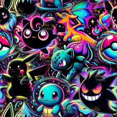 Pokemon NEON Color Cool DBP Print 1 Yard Fabric Seamless Design Approx 59×36