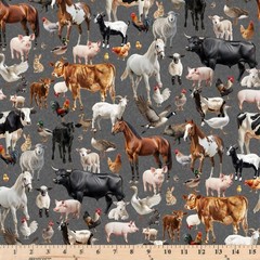 Farm Friends Packed Grey 100% Cotton Fabric By half yard continuous cuts