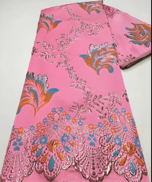 5 YARDS LOT PINK METALLIC BROCADE FABRIC 54″ FLORAL EMBOSSED SCALLOPED EDGE
