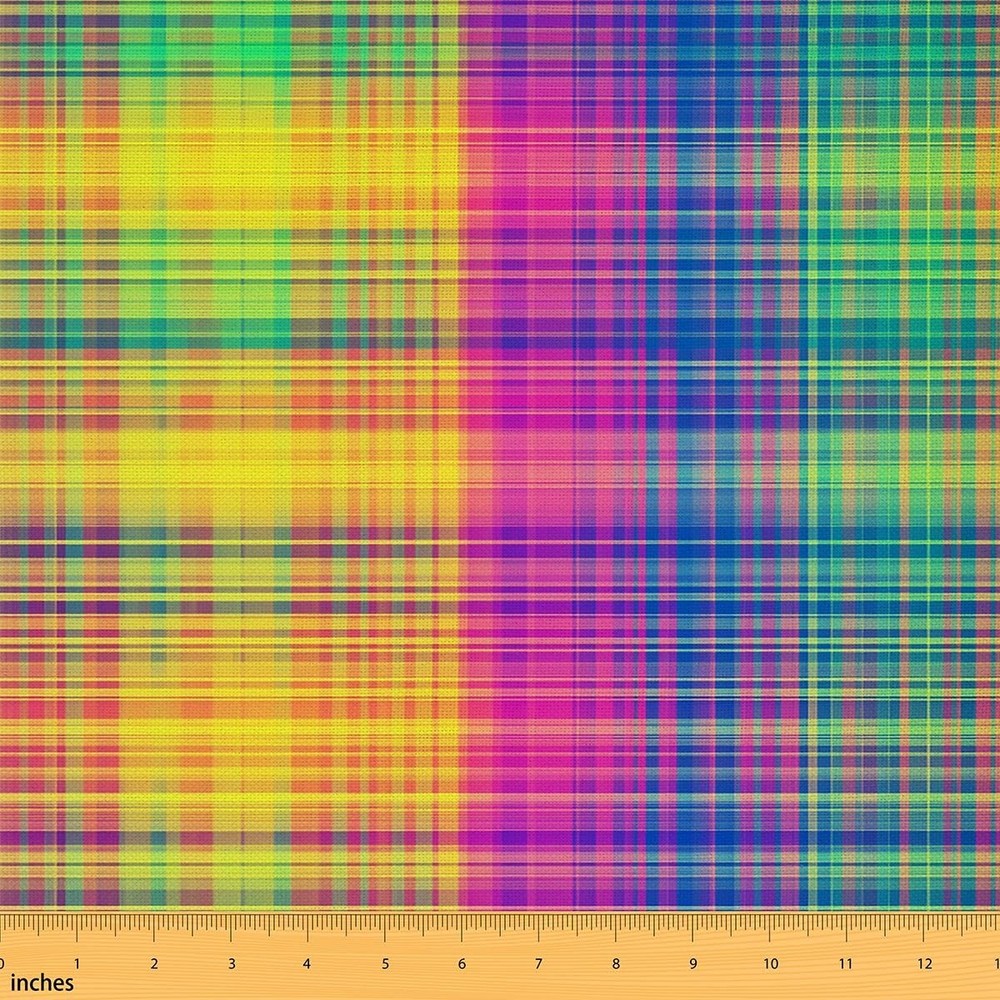 Rainbow Lines Fabric by The Yard Vintage Colorful Stripes Grid No Stretch Sew…
