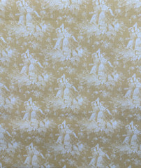 French Countryside Folk Dancers Scenic Toile Print Yellow Cotton Fabric Remnant