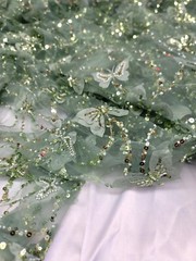 3D Butterfly Design Lace Sage Embroidered Sequins Fabric Sold By Yard For Dress