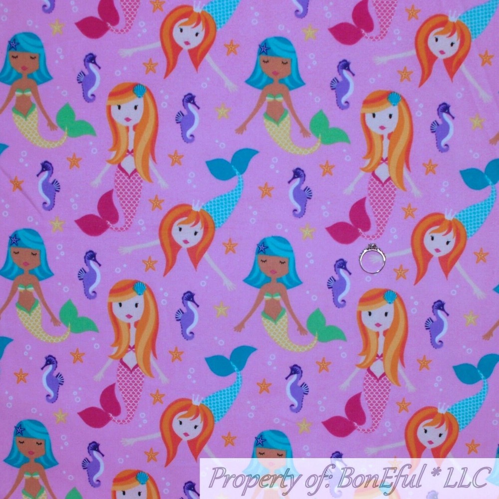 BonEful Fabric FQ Cotton Quilt Flannel Pink Mermaid Princess Sea Horse Star Fish